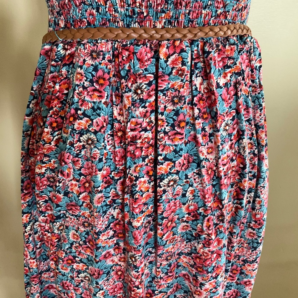 New Look Floral Smocked Back Sundress with Braided Belt M Cottagecore Boho Retro - Picture 6 of 14